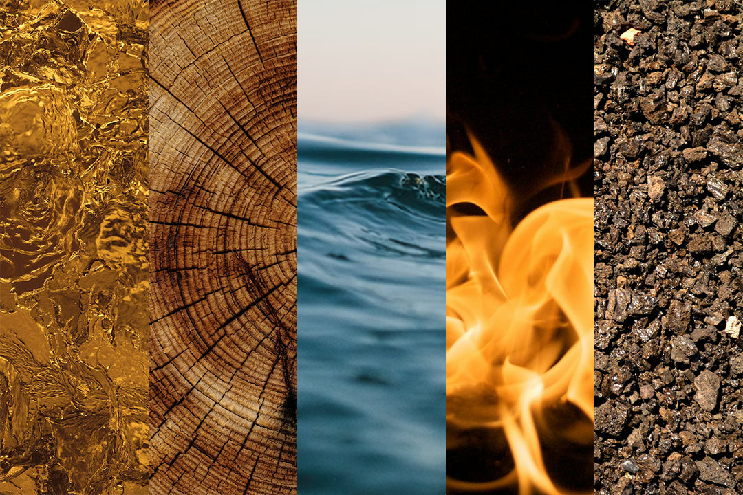 Wu Xing 五行 calligraphy with modern abstract shapes for Wood, Fire, Earth, Metal, and Water – crystal energy inspiration