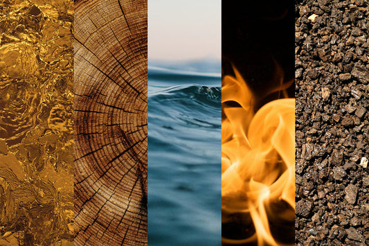 Wu Xing 五行 calligraphy with modern abstract shapes for Wood, Fire, Earth, Metal, and Water – crystal energy inspiration